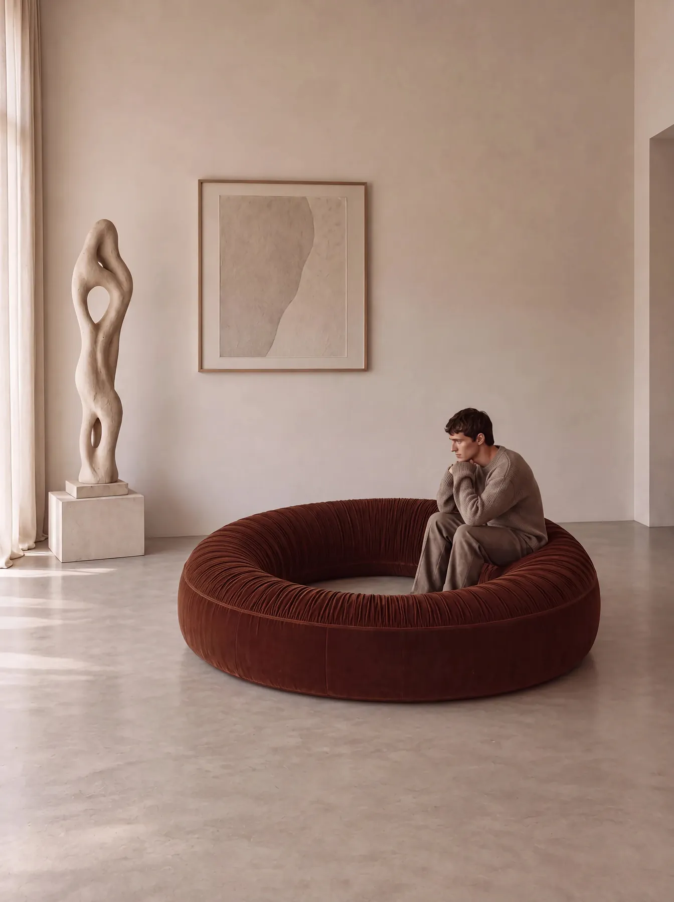 Man seated in the Donut Seat in a pale room with a sculpture