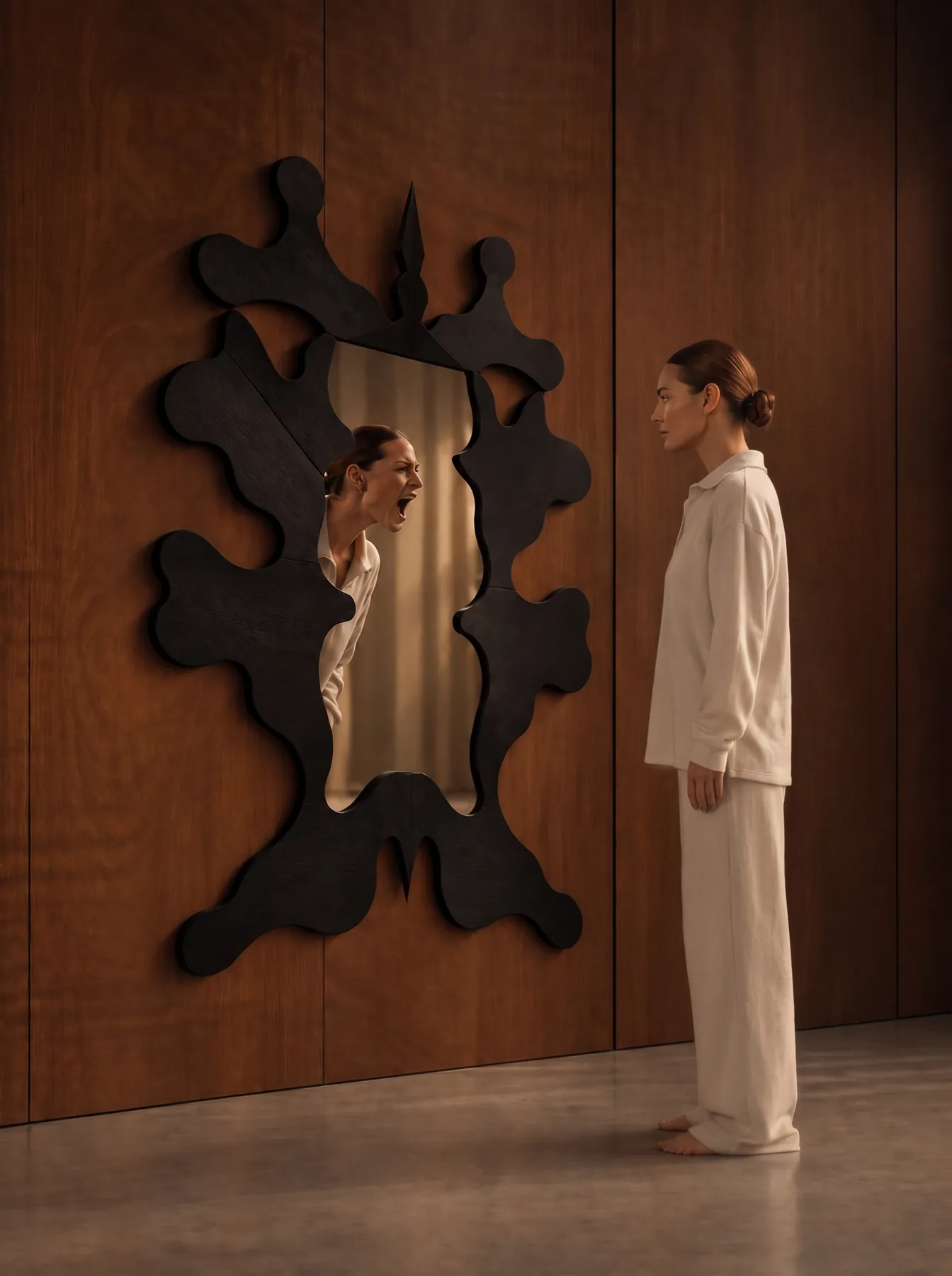 Woman facing the Inkblot Mirror, her reflection mid-scream