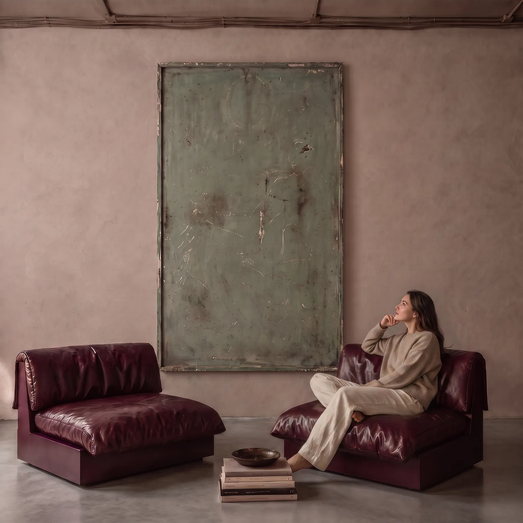 Woman seated on two Undone Seats in front of a large weathered green painting