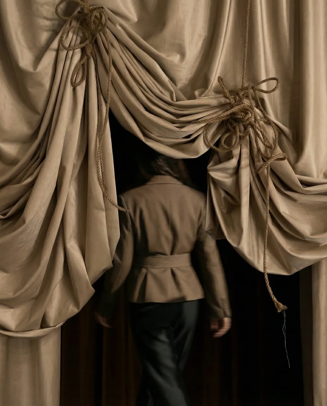 Person in a beige jacket walking through draped beige curtains tied with rope